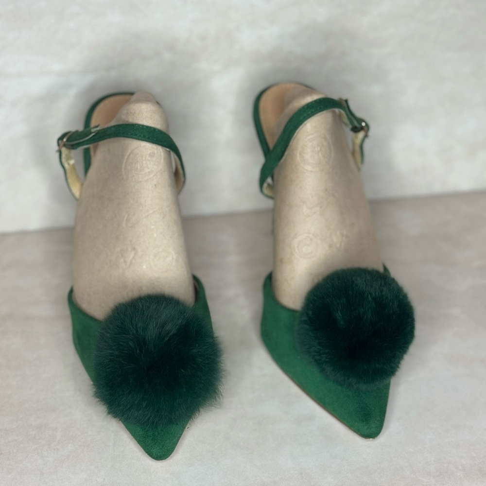 Elegant Green Stiletto Heels with Pom-Pom Detail